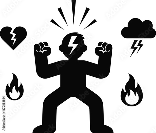 A silhouette of a person experiencing intense anger, stress, and heartbreak, symbolized by lightning, fire, and a broken heart.