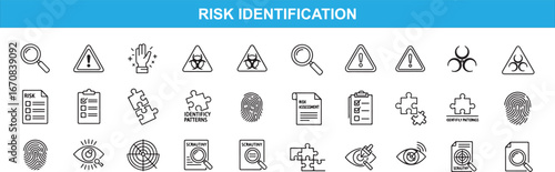 Risk identification icons set, featuring hazard symbols, magnifying glass, clipboard, puzzle, fingerprint, eye, and brain to represent risk assessment and control