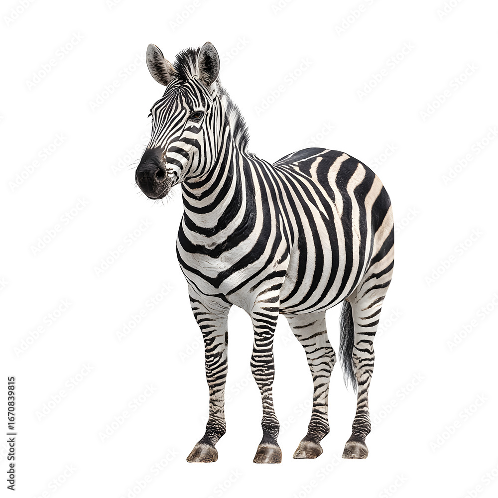 Fototapeta premium A striking zebra stands confidently against a clean white background, showcasing its iconic black and white stripes.