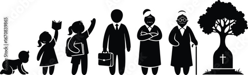 A black and white illustration showing the stages of human life from infancy to old age and death, depicted by silhouettes.