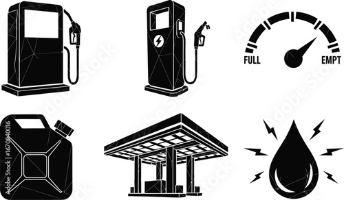 Gas station icons: fuel pump, gauge, canister, canopy.