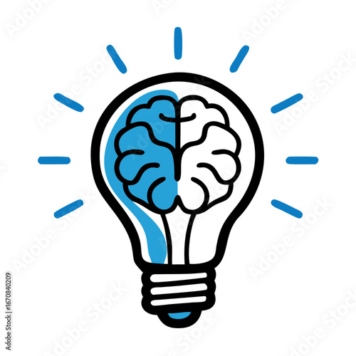 Glowing light bulb with human brain inside. Creative idea and thinking process with logical and abstract thought. Brainstorm concept. Vector icon for website, app interface