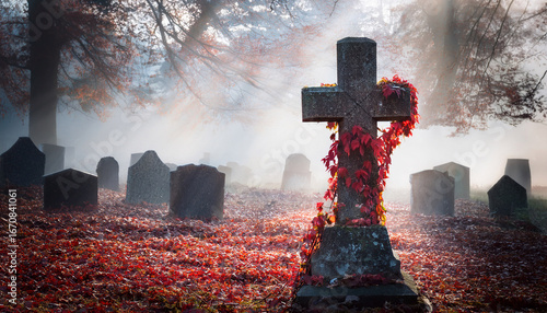 stone cross entwined with red ivy leaves in misty graveyard setting with soft light and smoky ground
