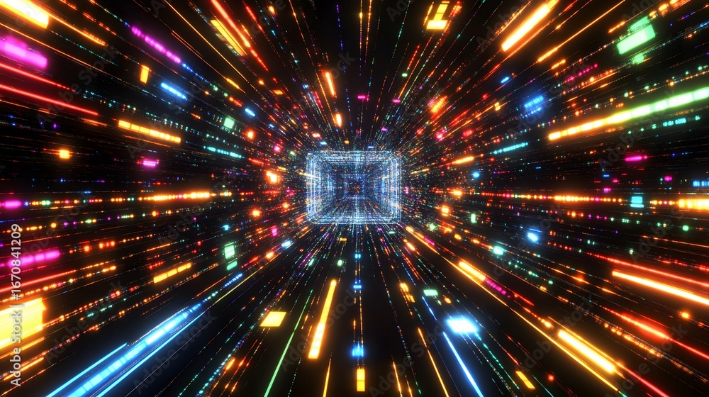 Naklejka premium Abstract Neon Light Tunnel Speed Lines Data Stream