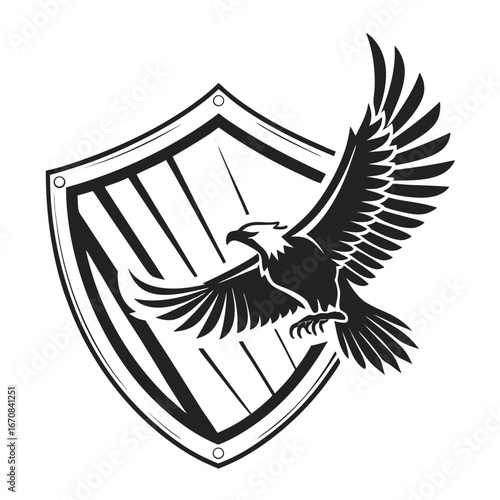 Bold Black and White Eagle Soaring Behind Protective Shield: Powerful Security Logo Design