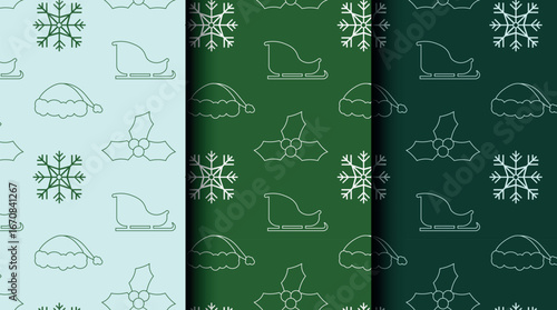 Bundle of Christmas seamless vector patterns with holiday icons. Three color palettes perfect for wrapping, invitations, and seasonal projects.