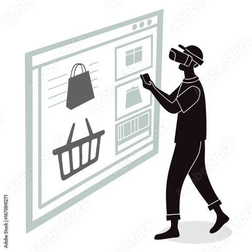 Modern Man Uses VR Headset for Online Shopping Experience: E-commerce, Virtual Reality, Futuristic Retail Concept