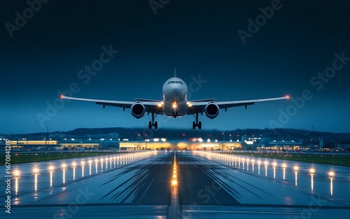 Airplane Taking Off at Night with Runway Lights Shining Bright Creating a Sense of Adventure and Travel