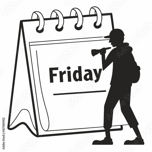 Silhouette of person announcing Friday on a desk calendar; simple, bold, black and white illustration.