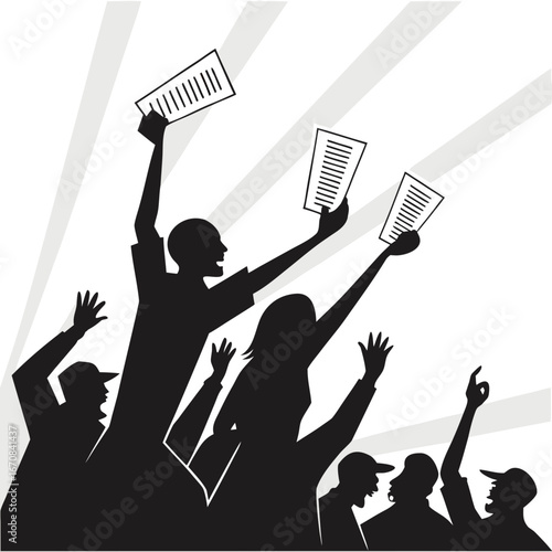 Excited Crowd Celebrating Success: Black and White Silhouette Illustration