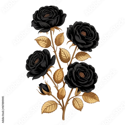 Elegant Black Roses Floral Arrangement with Golden Leaves, Ideal for Gothic Designs and Dark Aesthetics