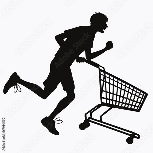 Man Running with Shopping Cart Silhouette: Urgent Shopping, Black and White Vector Graphic