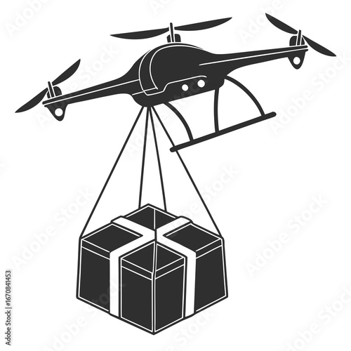 Drone Delivery Service:  Modern Black and White Silhouette of Quadcopter Transporting Package.