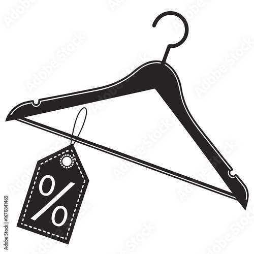 Black and white illustration: Wooden clothes hanger with percentage discount tag; minimalist sale concept.