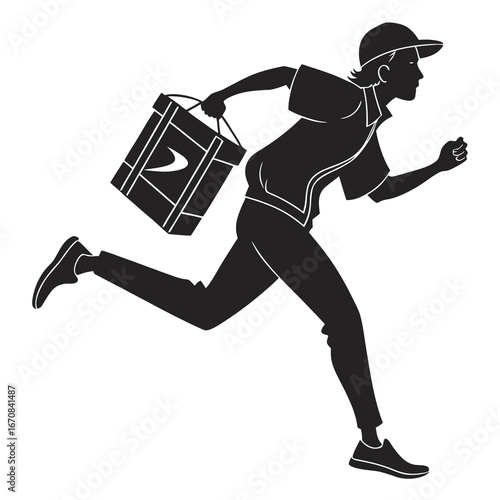 Fast Delivery Courier Running Silhouette: Urgent Package Transport, Black and White Vector Illustration