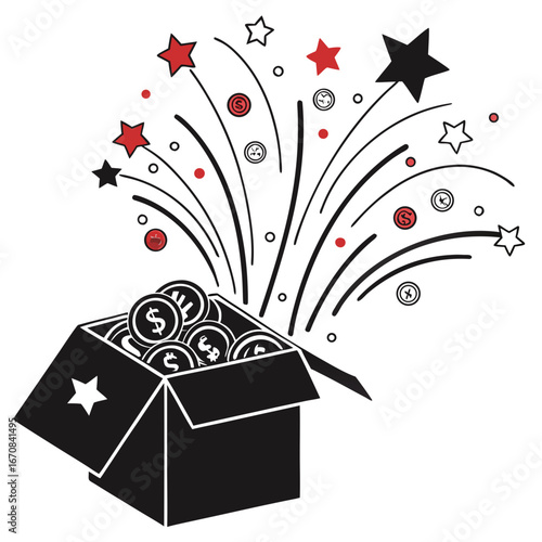 Financial Success: Celebratory Box of Global Currency,  Abstract Vector Illustration