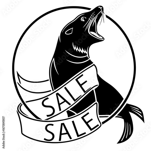 Black and white illustration of a roaring sea lion with a sale banner; vintage, bold graphic design.
