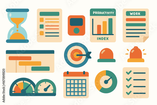Business and productivity flat icon set. efficiency, strategy essentials collection