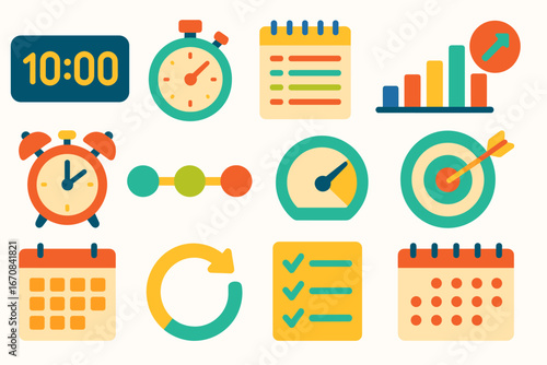Business, productivity flat icon set for planning and time management