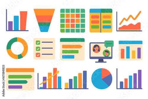 Data analytics flat icon set. charts, graphs, and infographics collection