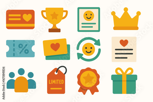 Business and rewards flat icon set. loyalty, achievement, gift icons in flat style