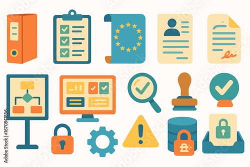 Business and office flat icon set. workflow, document, security icons collection