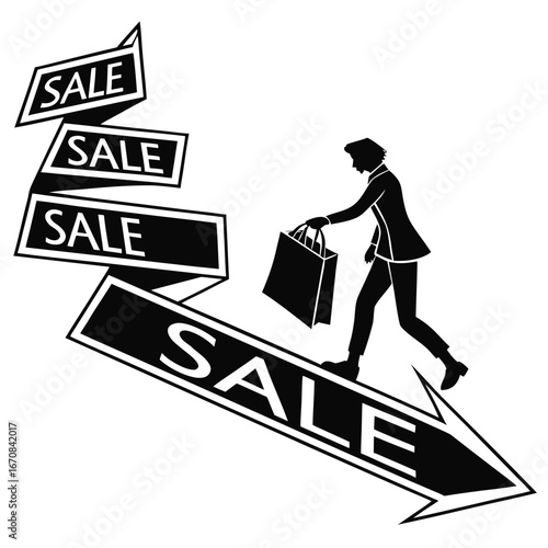 Stylish Black and White Illustration: Shopper Descending Sale Arrow,  Bold Graphic Design,  Retail Promotion Concept.