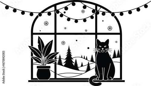 A black cat sits on an arched windowsill looking out at a snowy winter landscape with a string of lights above.