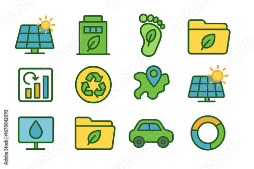 Sustainability and eco-friendly flat icon set. green energy, recycling symbols