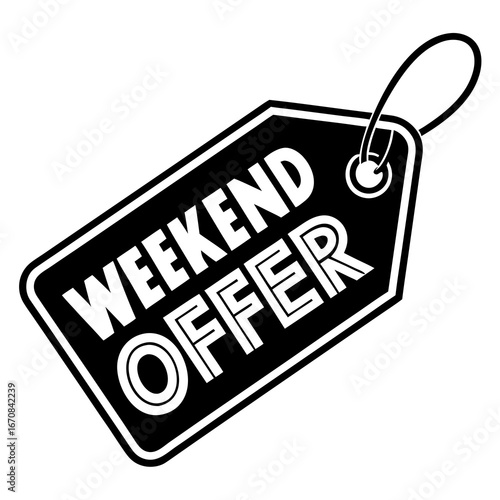 Black and white weekend offer tag; bold retro style; promotional sale graphic; isolated on white background.