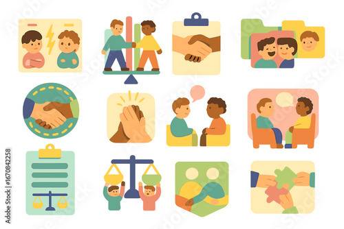Conflict resolution flat icon set. communication, teamwork, empathy, cooperation icons