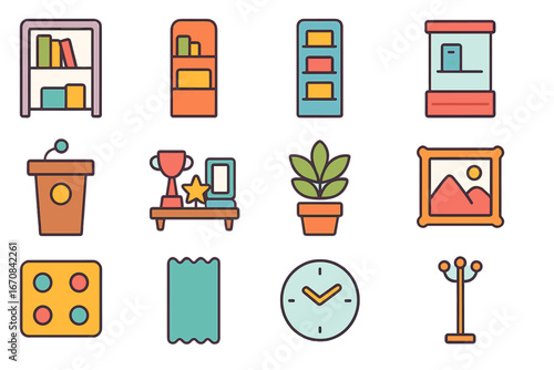 Library and office flat icon set. bookshelves, plants, clocks, and more