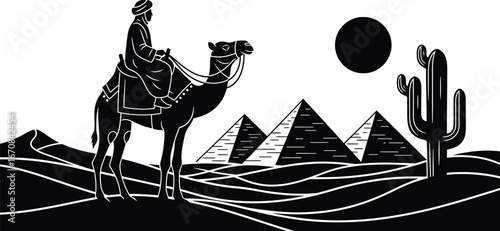 Black and white illustration of a person riding a camel in the desert with pyramids.