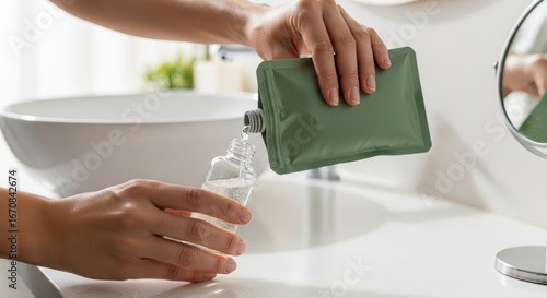 Womans hands pouring liquid soap, oil, serum from eco-friendly refill pouch into reusable glass bottle. Trend of sustainable beauty, zero waste, and conscious consumerism for cosmetic brands promoting
