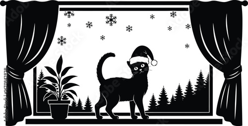A black cat wearing a Santa hat stands on a windowsill looking out at a snowy winter forest scene.