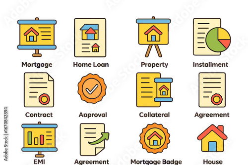 Finance and banking flat icon set. mortgage, loan, contract, property, agreement icons