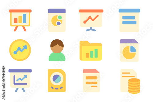 Data and analytics flat icon set. charts, graphs, and statistic icons collection