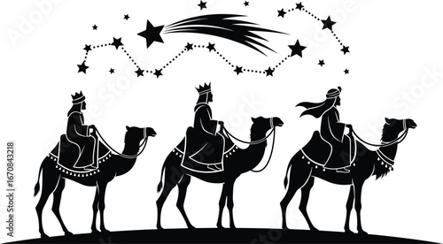 Silhouette of the Three Wise Men riding camels under a starry sky with a comet, depicting the biblical journey.