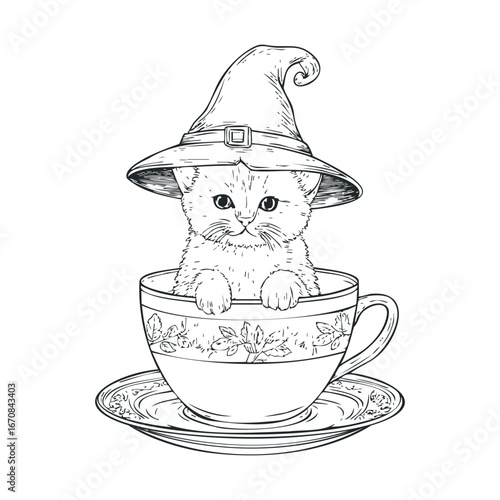 Cute cat wearing witch hat in teacup with charming design. Halloween vector illustration