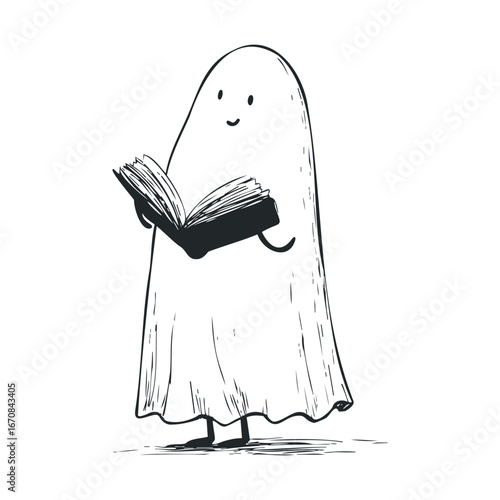 Friendly ghost reading a book in a whimsical style. Halloween vector illustration
