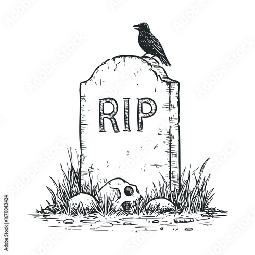 Spooky grave with RIP tombstone and crow in grass. Halloween vector illustration