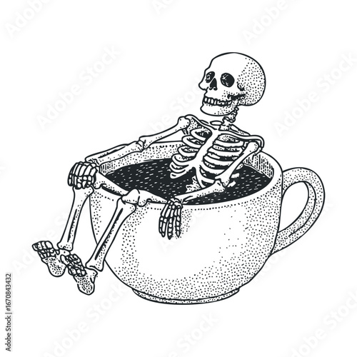 Skeleton relaxing in oversized coffee cup for quirky decor ideas. Halloween vector illustration