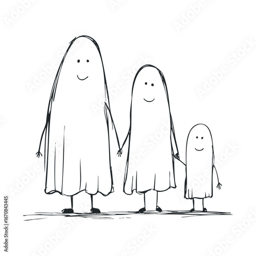 Family of friendly ghosts enjoying a fun Halloween outing together. Halloween vector illustration