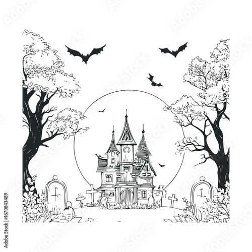 Spooky haunted house illustration for Halloween decoration. Halloween vector illustration