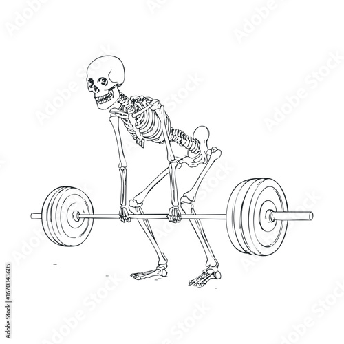 Skeleton lifting weights in a gym setting for fitness and health. Halloween vector illustration