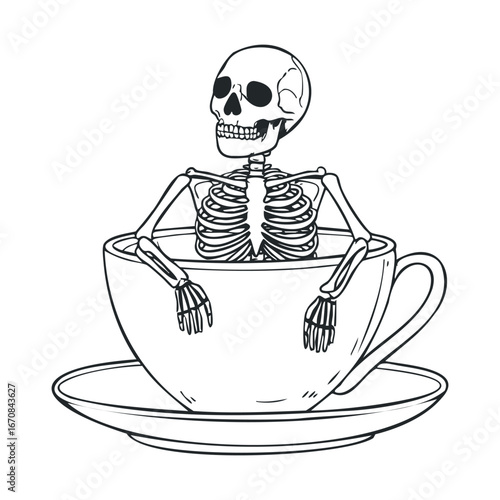 Skeleton in a tea cup for Halloween celebration and designs. Halloween vector illustration
