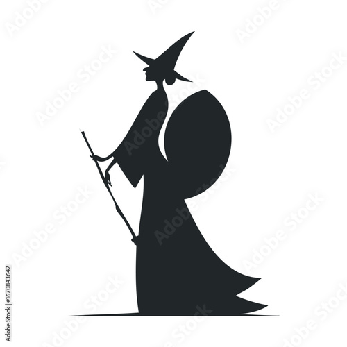 Witch silhouette with staff in a mystical pose for Halloween decor. Halloween vector illustration