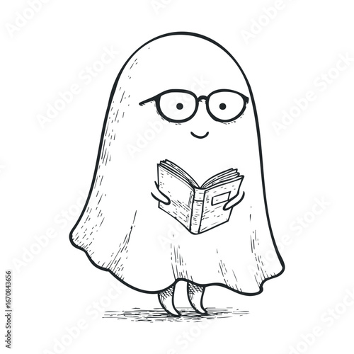 Ghost character reading a book in a playful design for kids. Halloween vector illustration