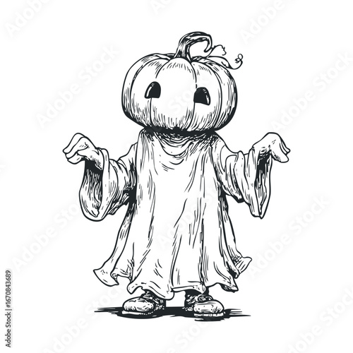 Creative Halloween character featuring pumpkin head and ghost costume. Halloween vector illustration
