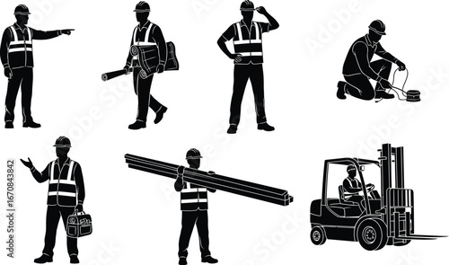 Silhouette images of construction workers in safety vests and helmets performing various tasks on a construction site.